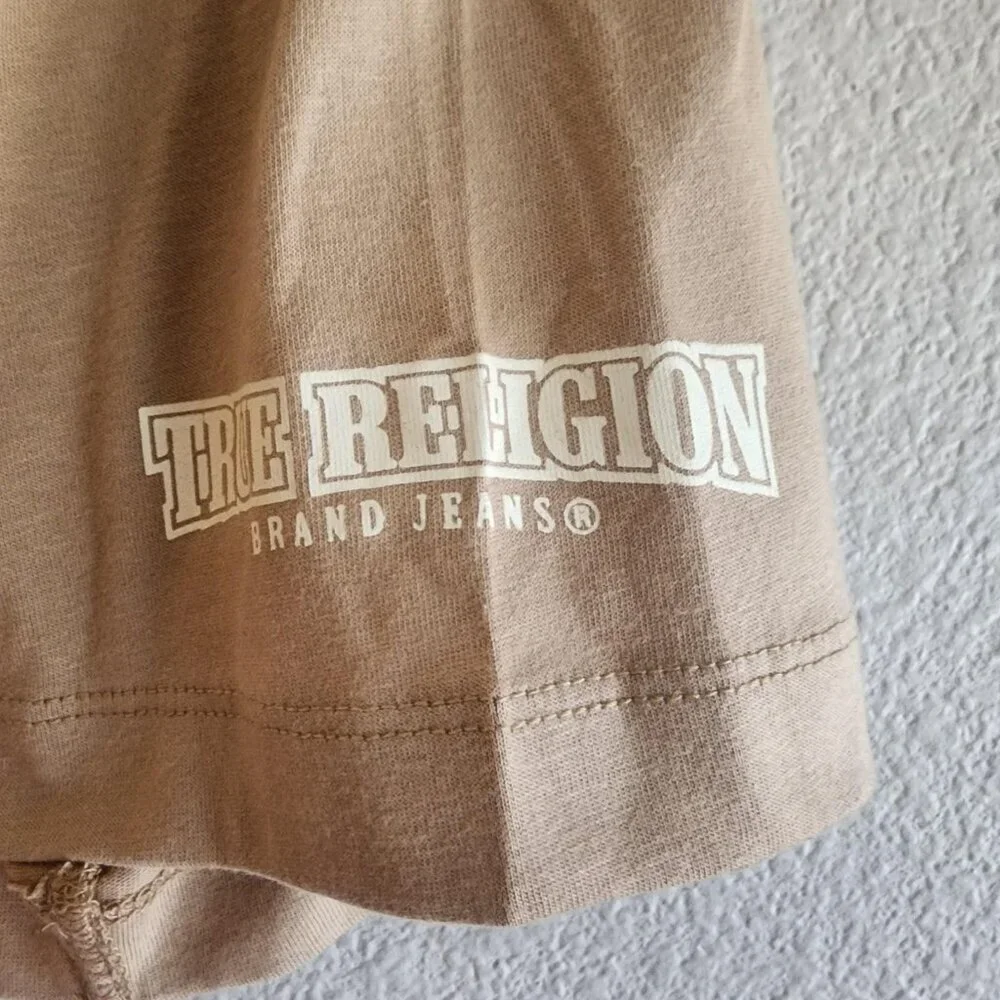 True Religion Shirt Mens Large Tan Buddha Rhinestone Graphic Tee Short Sleeve